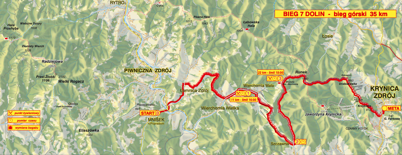 mapa biegu z Mniszka nad Popradem do Krynicy Zdroju