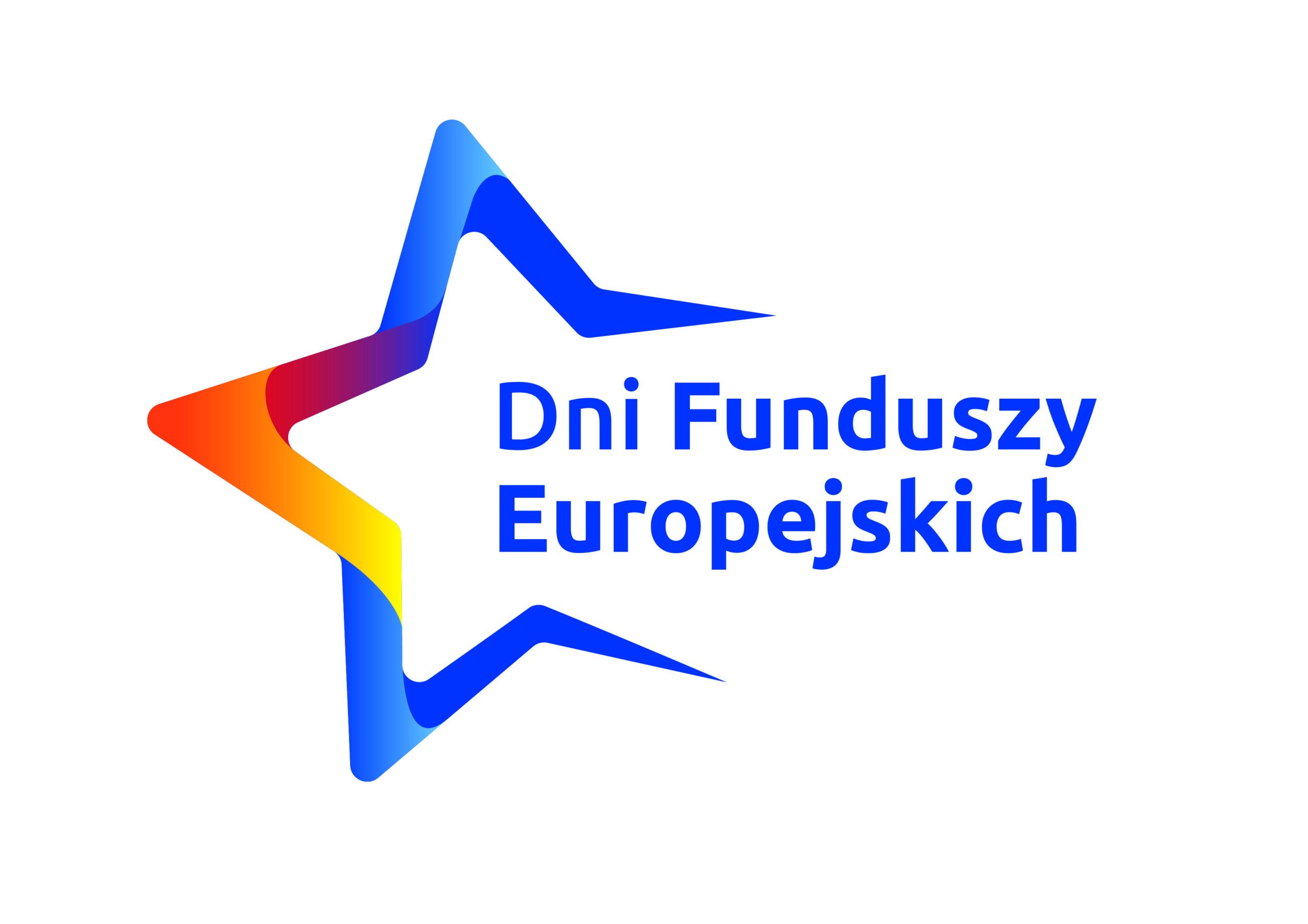 Logo Dni Funduszy Europejskich przedstawiające niebieską gwiazdę z czerwono-żółtym elementem i otwartym bokiem.1
