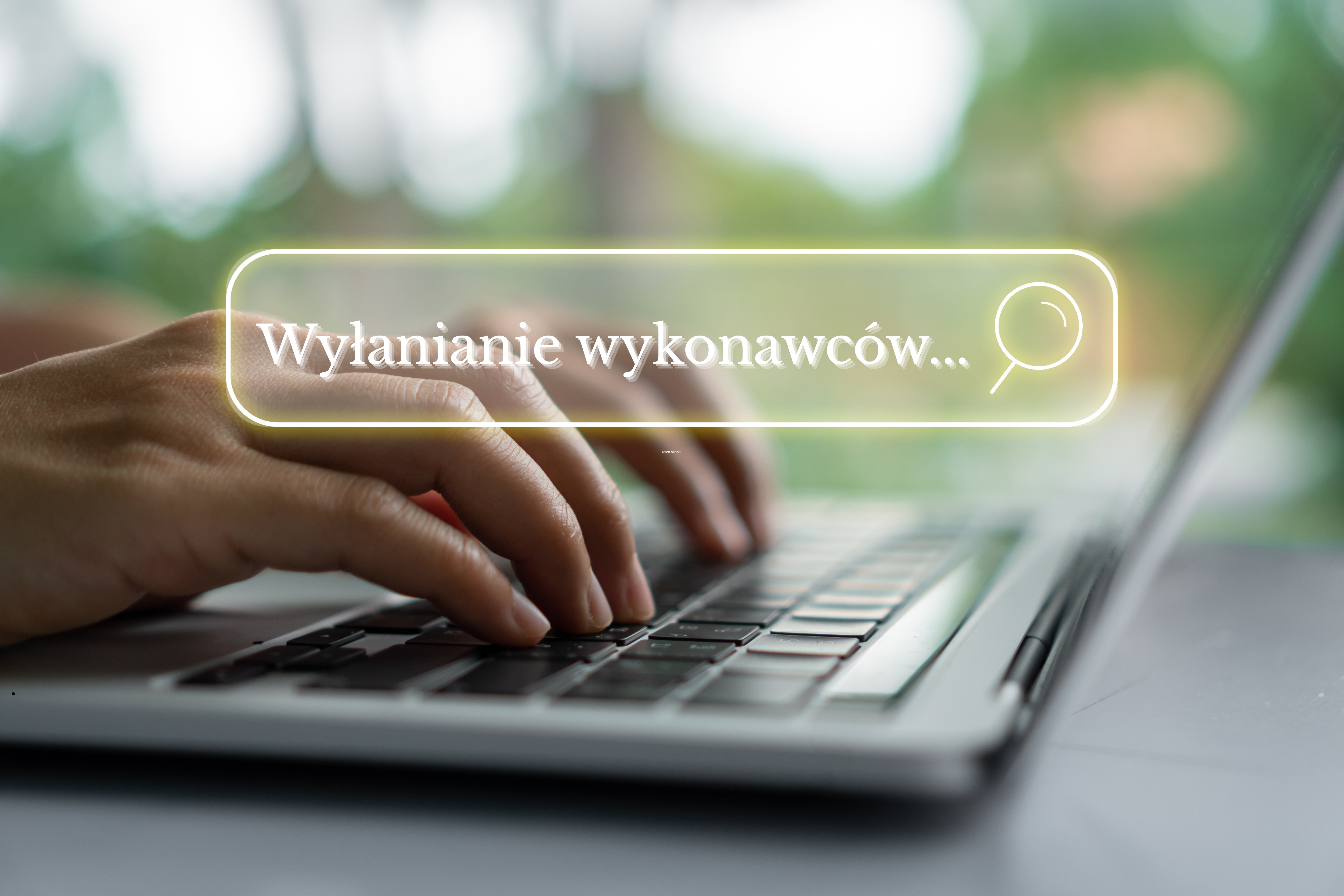 Człowiek pisze na laptopie. Na środku obrazka wyświetla się tytuł szkolenia Wyłanianie Wykonawców.1