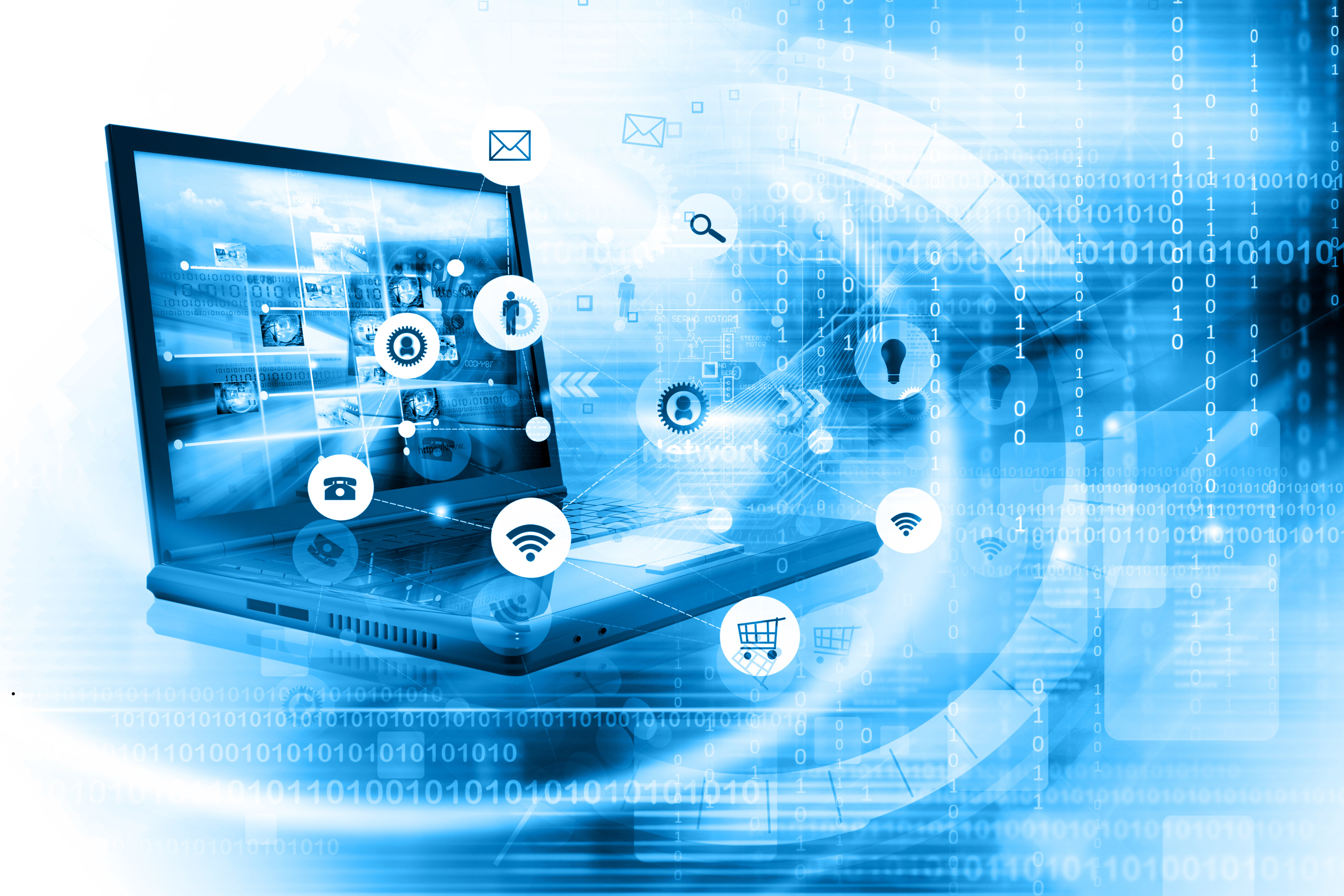 Sieć ikonek wychodzących z ekranu laptopa na binarnym tle.1