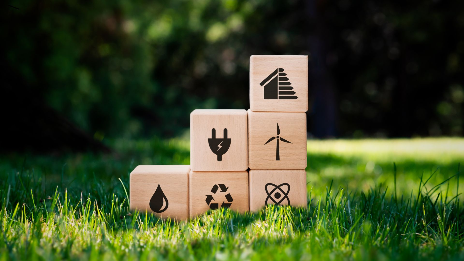Sześć drewnianych klocków leżących na trawie, które przedstawiają ikonki związane z tematyką energii odnawialnej i ochrony środowiska.1